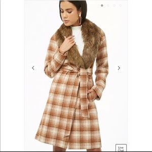 Plaid fur trim coat